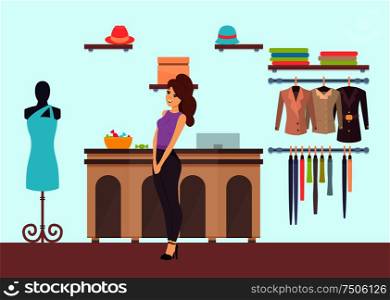 Woman shopping in clothes boutique of mall vector. Shop with mannequin and dress, jackets and tops on hanger. Hats and headwear on shelves of store. Woman Shopping in Clothes Boutique of Mall Vector