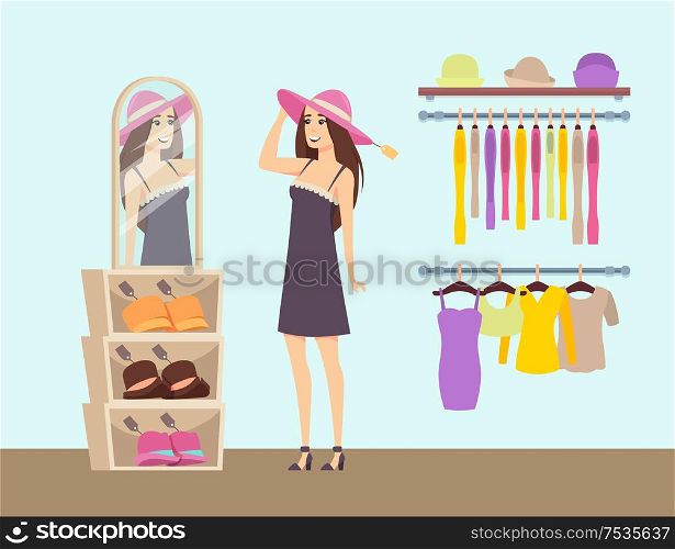 Woman shopping in clothes store, boutique for ladies vector. Brand hats and headwear, dress and blouses on hangers. Shopper female looking in mirror. Woman Shopping in Clothes Store, Boutique Vector