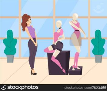 Woman shopping in clothes store. Ladies shop or boutique. Mannequin dressed in pink top and black shorts and over knee socks. Modern and fashionable garment. Female choice sexy clothing. Flat cartoon. Woman Looking at Mannequin in Clothing Store