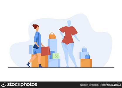 Woman shopping in fashion store. Customer with bags, mannequin, accessory flat vector illustration. Consumerism, consumer, clothes purchase concept for banner, website design or landing web page