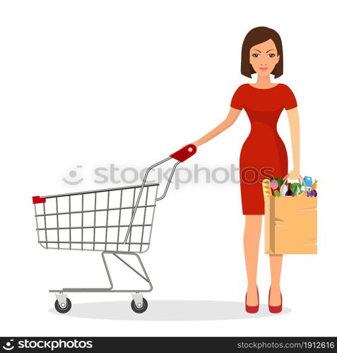 Woman shopping in supermarket. shopping cart. woman hold grocery paper shopping bag with food. Vector illustration in flat style. Woman shopping in supermarket