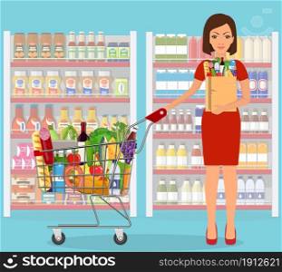 Woman shopping in supermarket. shopping cart. woman hold grocery paper shopping bag with food. Vector illustration in flat style. Young woman shopping for groceries