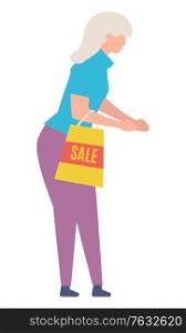 Woman shopping, isolated female character with grey hair holding bag with sale sign. Promotions and offers at shop, stores with prepositions. Vector illustration in flat cartoon style. Old Lady with Grey Hair Shopping Sale Bag Package