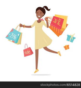 Woman Shopping. Lady Carries Paper Bags. Hot Sale. Woman shopping. Lady carries paper bags with text hot sale, big sale. Flat design. Smiling woman character with gift boxes. Pleasure of purchase. For sales and discounts. Vector illustration