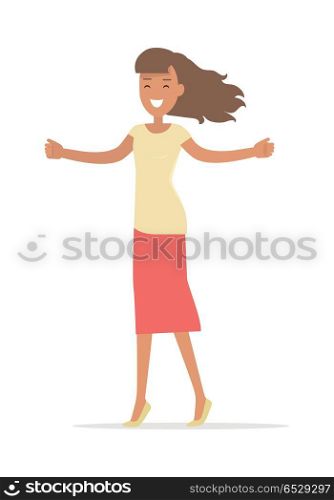 Woman Shopping. Lady with Opened Arms Smiling.. Woman shopping isolated on white. Lady with opened arms smiling. Flat design. Brunet girl character in t-shirt and pink skirt. Pleasure of purchase. For sales and discounts. Vector illustration