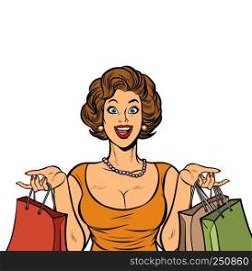 woman shopping on sale. Isolate on white background. Pop art retro vector illustration vintage kitsch. woman shopping on sale. Isolate on white background
