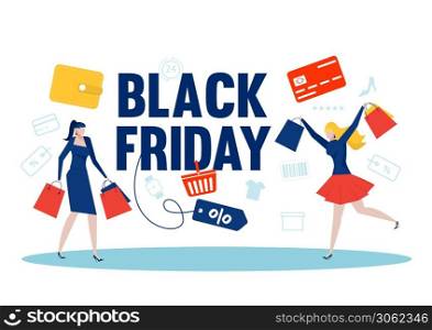 Woman shops enjoy black friday shopping bags and gift boxes. People buying things with discounts.