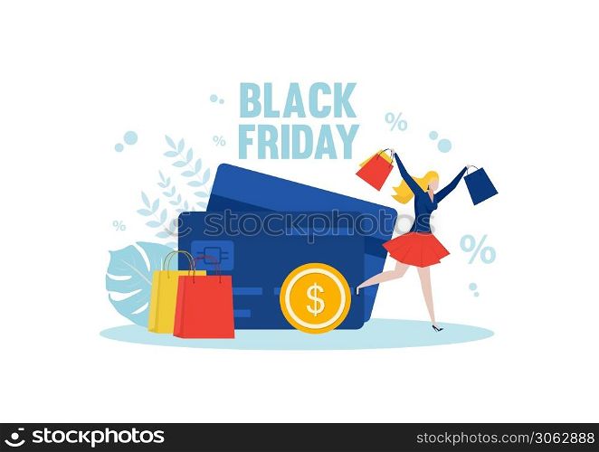 Woman shops enjoy black friday shopping bags . People buying things with discounts.