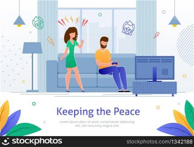 Woman Shouting at Man who Plays Video Games and Sits on Sofa in Living Room Banner Vector Illustration. Angry Wife Yelling at her Relaxed Husband. Couple Argument or Conflict at Home.. Angry Woman Shouting at Man who Plays Video Games.