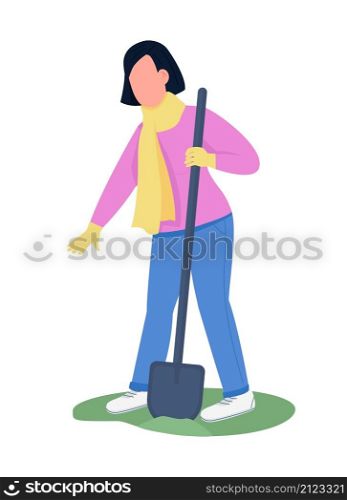 Woman shoveling in winter semi flat color vector character. Gardening figure. Full body person on white. Winter activity isolated modern cartoon style illustration for graphic design and animation. Woman shoveling in winter semi flat color vector character