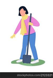 Woman shoveling in winter semi flat color vector character. Gardening figure. Full body person on white. Winter activity isolated modern cartoon style illustration for graphic design and animation. Woman shoveling in winter semi flat color vector character