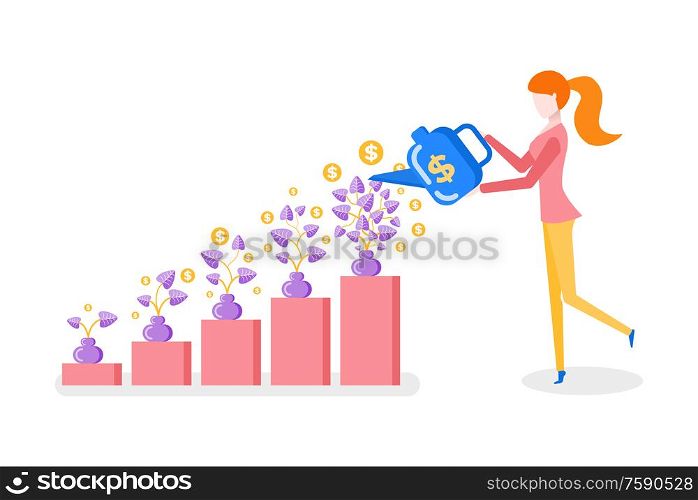 Woman showering money plant in vase, rising steps, finance strategy. Female side view, holding watering can, investment progress, management vector. Woman Showering Money Plant in Vase, Growth Vector