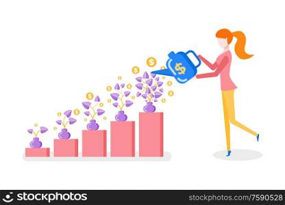 Woman showering money plant in vase, rising steps, finance strategy. Female side view, holding watering can, investment progress, management vector. Woman Showering Money Plant in Vase, Growth Vector