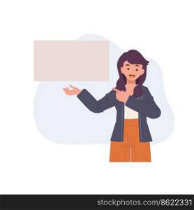 Woman showing banner. female character pointing to poster to show presentation. Vector illustration