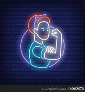 Woman showing bicep neon decoration. Neon sign, night bright advertisement, colorful signboard, light banner. Feminism concept. Vector illustration in neon style.