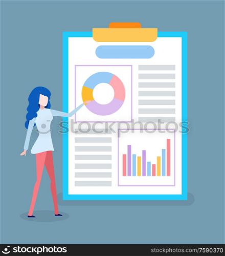 Woman showing infographics vector, business lady with visualized information. Pie diagram on clipboard, business info on board, statistics result. Presentation of Businesswoman, Infographics Board