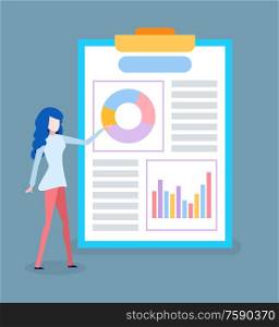 Woman showing infographics vector, business lady with visualized information. Pie diagram on clipboard, business info on board, statistics result. Presentation of Businesswoman, Infographics Board