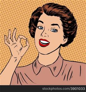 Woman showing okay gesture well the quality is perfectly fine st. Woman showing okay gesture well the quality is perfectly fine Halftone style art pop retro vintage