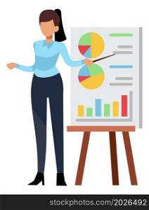 Woman showing presentation with color chart statistics. Business meeting concept isolated on white background. Woman showing presentation with color chart statistics. Business meeting concept