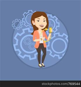 Woman showing smartphone and smart watch on the background with cogwheels. Synchronization between smart watch and smartphone. Vector flat design illustration in the circle isolated on background.. Synchronization between smartwatch and smartphone.