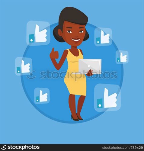 Woman showing thumb up and like social network buttons around her. Woman with laptop and like social network buttons with thumb up. Vector flat design illustration in the circle isolated on background. Woman with like social network buttons.