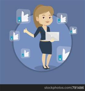 Woman showing thumb up and like social network buttons around her. Woman with laptop and like social network buttons with thumb up. Vector flat design illustration in the circle isolated on background. Woman with like social network buttons.