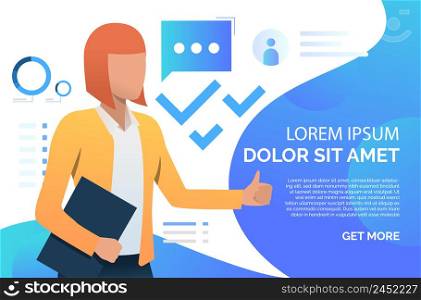Woman showing thumb up, recommending business product. Representative, promotion concept. Presentation slide template. Vector illustration for topics like business, marketing, advertisement