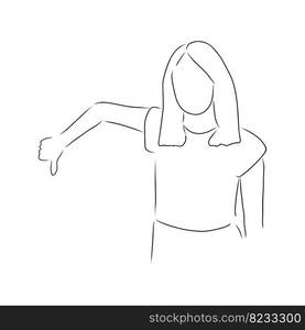 Woman showing thumbs down, vector. Hand drawn sketch. Woman showing thumbs down. Disagreement gesture.