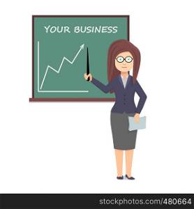Woman shows a pointer to the chart. Businesswoman gives a presentation at the chalkboard.