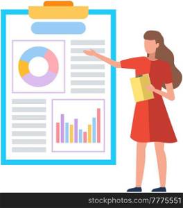 Woman shows data analysis on banner. Girl with clipboard looks at diagrams. Female character presents statistical calculations shown on poster. Statistical indicators and text on science billboard. Female character presents statistical calculations shown on poster. Woman shows data analysis