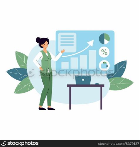Woman shows presentation on electronic whiteboard. Business plan. Development strategy. Financial expert.