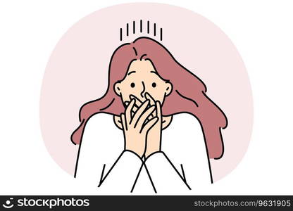 Woman shut mouth frustrated with fear or shock. Stunned female surprised by unbelievable news. Vector illustration.. Woman cover mouth shocked by news