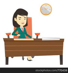 Woman signing business contract. Woman is about to sign a business contract. Confirmation of transaction by signing of business contract. Vector flat design illustration isolated on white background.. Signing of business documents vector illustration.