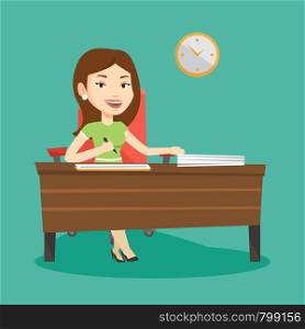 Woman signing business documents in office. Woman is about to sign a business agreement. Confirmation of transaction by signing of business contract. Vector flat design illustration. Square layout.. Signing of business documents vector illustration.