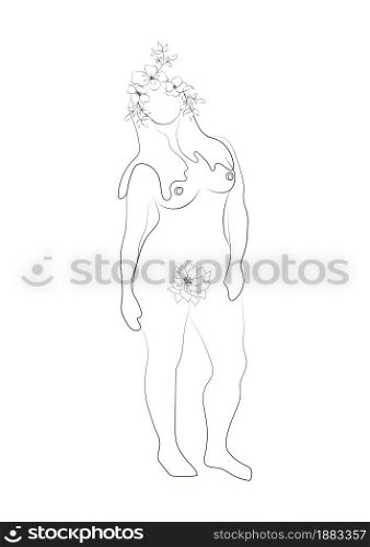 Woman silhouette, female body, body positive, cosmetic concept with flowers, black on white.. Woman silhouette, female body, body positive, cosmetic concept, black on white