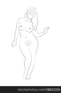 Woman silhouette, female body, body positive, cosmetic concept with flowers, black on white.. Woman silhouette, female body, body positive, cosmetic concept, black on white