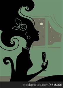 Woman silhouette in the room with a cocktail