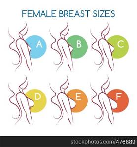 Woman Silhouettes with different breast sizes from A to F. Female Busts from small to large in side view. Vector illustration.