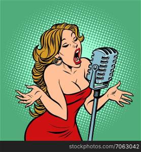 woman singer at the microphone. Music concert scene. Comic cartoon pop art retro vector illustration. woman singer at the microphone. Music concert scene