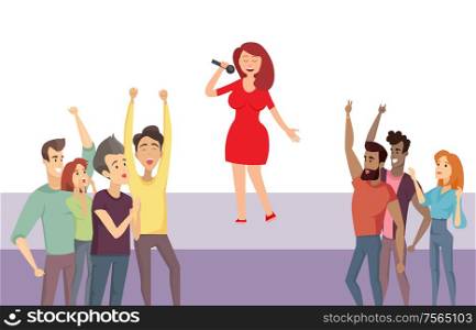 Woman singer standing on stage singing songs vector, performer with crowd. People admiring lady in red dress, star performing for audience of listeners. Woman Singer Standing on Stage Singing Performer