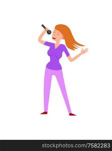 Woman singer with long hairstyle isolated lady vector. Performance of person dressed casually, character singing holding microphone performer clubbing. Woman Singer with Long Hairstyle Isolated Lady