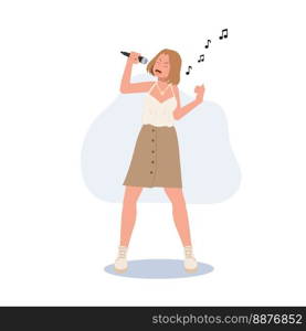 Woman Singer. woman with microphone is singing. Flat vector illustration.