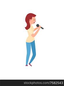 Woman singing song with microphone, side view of artist. Girl wearing t-shirt and jeans, performance or karaoke, standing solo singer flat vector. Woman Singing, Karaoke Character Singer Vector