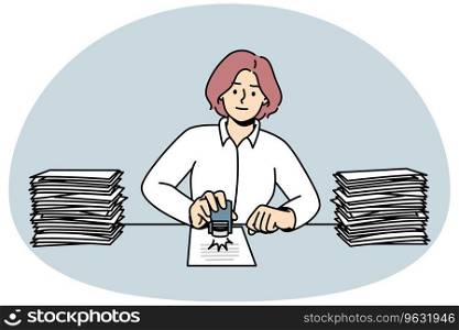 Woman sit at desk stamping documents. Female employee busy with paperwork at workplace. Office job concept. Vector illustration.. Woman work at desk with documents