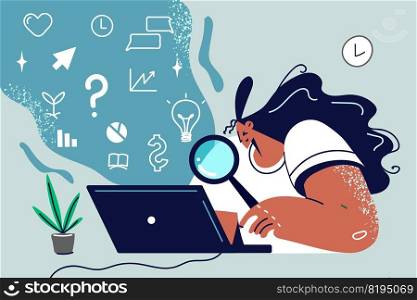 Woman sit at desk work on computer search for information with magnifying glass. Businesswoman using magnifier do research on laptop. Vector illustration.. Woman use magnifier for computer search