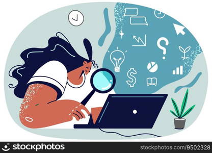 Woman sit at desk work on computer search for information with magnifying glass. Businesswoman using magnifier do research on laptop. Vector illustration.. Woman use magnifier for computer search