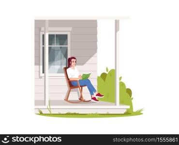 Woman sit in armchair on patio semi flat RGB color vector illustration. Rural lifestyle, summer recreation in village. Girl with book on porch in chair isolated cartoon character on white background. Woman sit in armchair on patio semi flat RGB color vector illustration