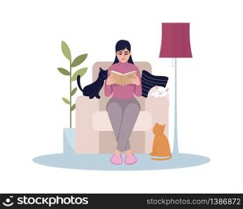 Woman sit in armchair semi flat RGB color vector illustration. Female sit comfy with magazine. Person with book and pet cats. Lifestyle and hobby. Reader isolated cartoon character on white background. Woman sit in armchair semi flat RGB color vector illustration