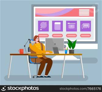 Woman sit on chair by desk at office alone. Person work on computer and big monitor behind her with desktop. Screen with icons, media and network, communication and education. Vector illustration. Website Page on Monitor, Woman Work on Computer