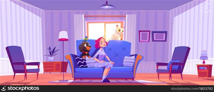 Woman sit on couch with home pets. Cute cat, dog and parrot with owner girl on sofa. Vector cartoon interior of living room with happy animals, kitten, puppy and domestic bird. Woman sit on couch with home pets